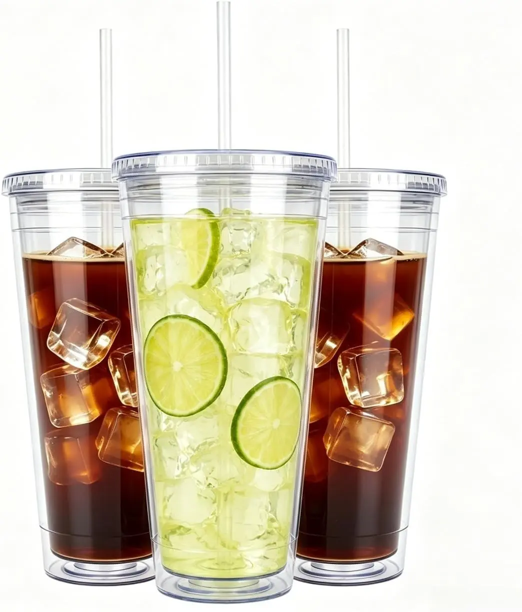 32oz Clear Tumblers with Lids and Straws, Reusable Iced Coffee Cups | BPA Free Acrylic Plastic Double Wall Insulated Wide Mouth, Perfect for Iced Tea, Water, Lemonade, Fruit Juice Drinks