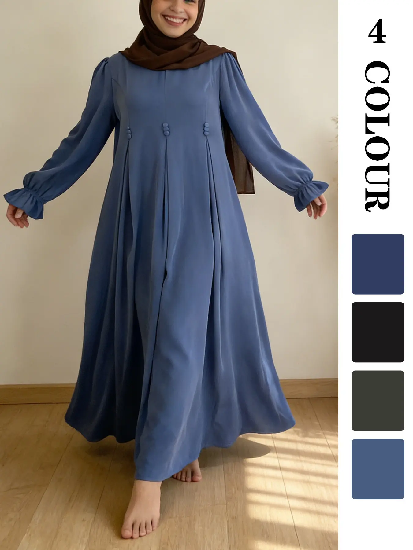 Spring Summer Muslim Dress Nida Fabric, 4 Colors 5 Sizes, Gathered Details Bubble Sleeves, Soft Not Tight-Fitting, Perfect for Friday/school, Classy Modest Dresses, Hijabi Cute Dresses, Modest Islamic Clothing, Islamic Clothes, Modest Style