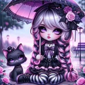 5D DIY Full Drill Round Diamond Painting - Diamond Art Kit Pink Braided Hair, Black Cat, Violet. Mosaic, Canvas - DIY Decorative Painting, Home Wall Decor, Suitable for Halloween and Christmas, Birthday and Anniversary Gifts.