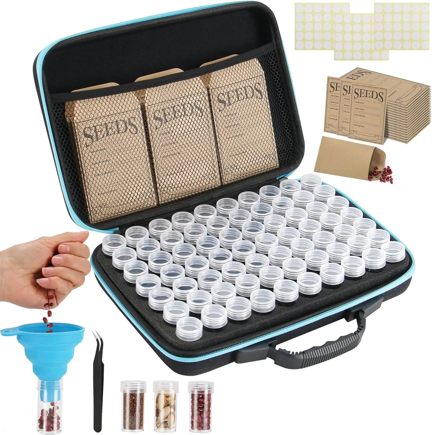 70 Slot Seed Storage Organizer, Garden Seed Saver Kit with 20 Seed Envelopes, Labels, Funnel & Tweezers for Organizing Flower, Vegetable & Plant Seeds