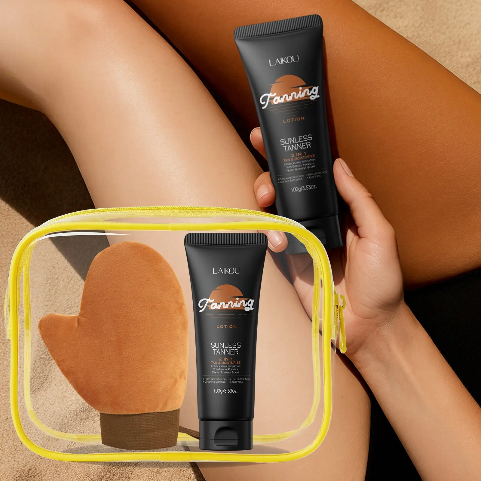 LAIKOU 3-In-1 Sunless Tanning Kit - 100g Moisturizing Bronzing Lotion with Professional Tanning Mitt & Clear Waterproof Bag | Hydrating Body Glow Duo for Sunkissed Skin | Travel-Friendly Self Tanner Set Body Care Moisturizing Tanning Cream