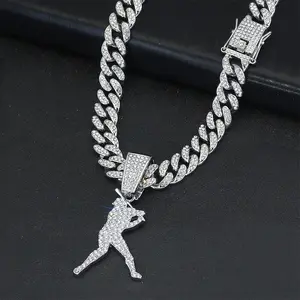 Men's 18K Gold Plated Iced Out Miami Cuban Link Chain & Baseball Pendant Hip Hop