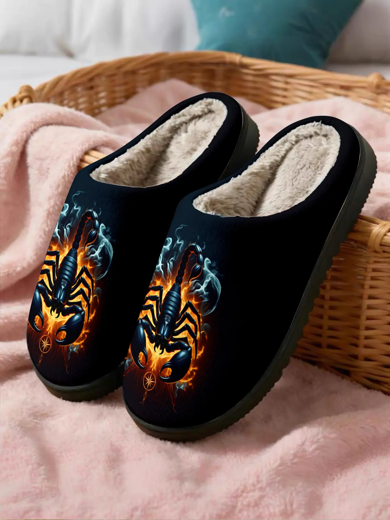 Flame Scorpion Dark Cool Home Plush Slippers 1 Pair, Dark Cool Style, Faux Fur Lining + Fleece Warmth + Non-Slip Sole, Dark Style Enthusiasts, Cool Lovers & Home Lovers for Home Foot Warmth + Stylish Outfits, Autumn & Winter Must-Have!