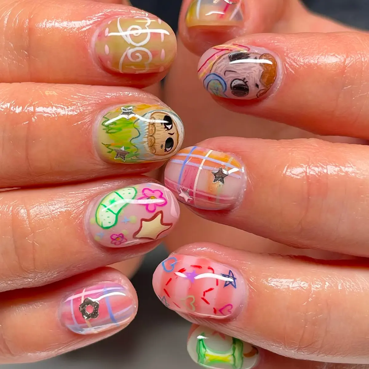 24 pieces short square y2k nails, Nail art design, summer dopamine cute cartoon angel wings DIY acrylic press on nails rainbow gradient smudge graffiti green apple core fake nails with jelly glue 1 piece file Nail Art Products