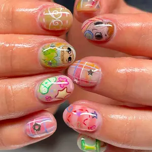 24 pieces of short square character portrait y2k nails summer dopamine cute cartoon romantic little angel wings DIY acrylic press on nails rainbow gradient smudge graffiti funny green apple core fake nails with jelly glue 1 piece file 1
