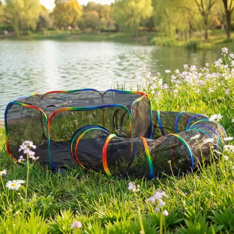 Rainbow Outdoor Cat Enclosure Playground - Oxford Outdoor Cage for Kitties, Includes Portable Travel Tent, Circle Playpen Tunnel, Zip-Open Entry Doors, Easy-Clean Mesh Saves Post-Play Time, Universal 1-Size Storage Bag