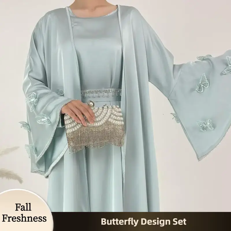 【FallFreshness】CL67 Aqua Blue Silky Gown with Embroidered Kimono,Dress Set,Luxe,Chic,eid dress,Fashionweek