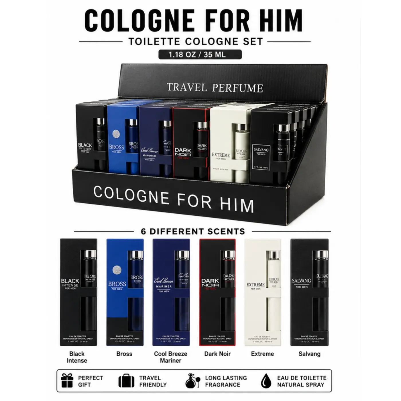 Men's Eau De Toilette Cologne Set 1.18 oz/ 35 ml, 6 Scents Travel Set Men's Eau De Toilette Cologne Set 1.18 oz/ 35 ml, 6 Scents Travel Set