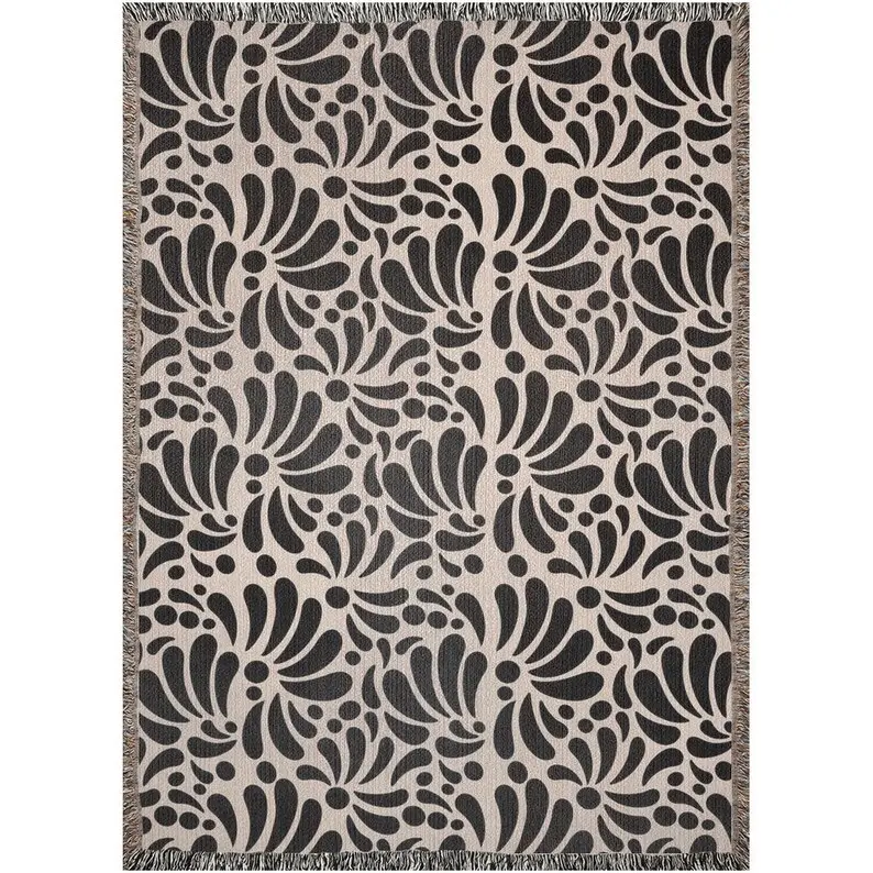 Modern Mexican woven blanket 50x60”. Black and beige Talavera throw blanket.
