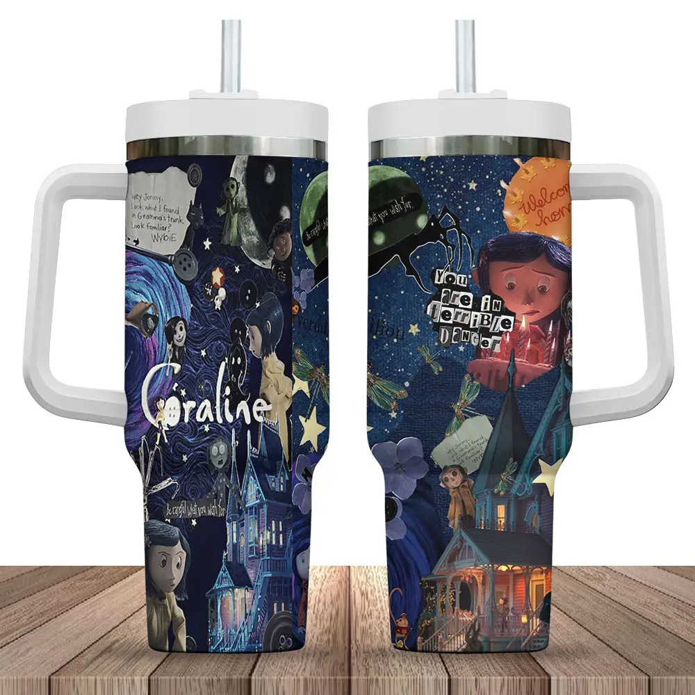 C0raline 40oz Tumbler with Handle & Straw, Spooky Halloween Cartoon Insulated Travel Mug, Other Mother Movie Inspired Stainless Steel Cup, Double Sided Hot & Cold Drink Tumbler, Gift for C0raline Fans