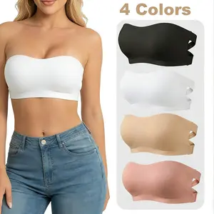 JOINBUY Strapless Bra with Cross-Back Closure Removable Padding No Underwire Seamless Bandeau Top Non-Slip Silicone for Yoga Wedding Daily Wear T-Shirt Bra Solid Colors Comfortable Strapless for Backless Styles Womenswear strapless  bra Breathable Ice Sil