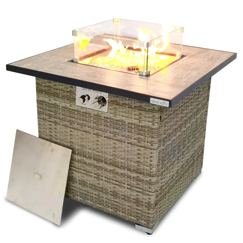 50,000 BTU Heavy Duty Propane Outdoor Fire Pit Table - Square Tabletop Gas Firepit with Wicker Base, Stainless Steel Burner, Glass Wind Guard, Weather-Resistant Cover & Accessories for Backyard, Balcony, AA Battery-Operated Panels Included