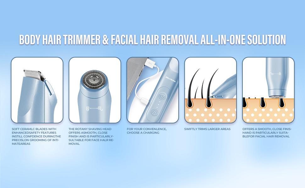 Akunbem Bikini Trimmer for Women,  Electric Shaver and Razor Rechargeable 2-in-1 Body and Facial Hair Removal Double Head for Painless Trimming of Pubic Face Underarm Legs, IPX7 Waterproof,Blue