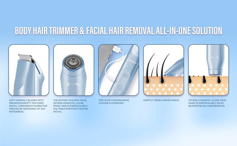 Akunbem Bikini Trimmer for Women,  Electric Shaver and Razor Rechargeable 2-in-1 Body and Facial Hair Removal Double Head for Painless Trimming of Pubic Face Underarm Legs, IPX7 Waterproof,Blue