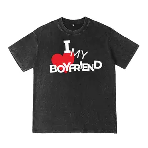 Vintage washed and distressed short-sleeve T-shirt for both men and women, loose and oversized fit, suitable for everyday casual wear, sports, and street style. Short-sleeve T-shirt with “I love my boyfriend” and “I love my girlfriend” letter prints, Vale