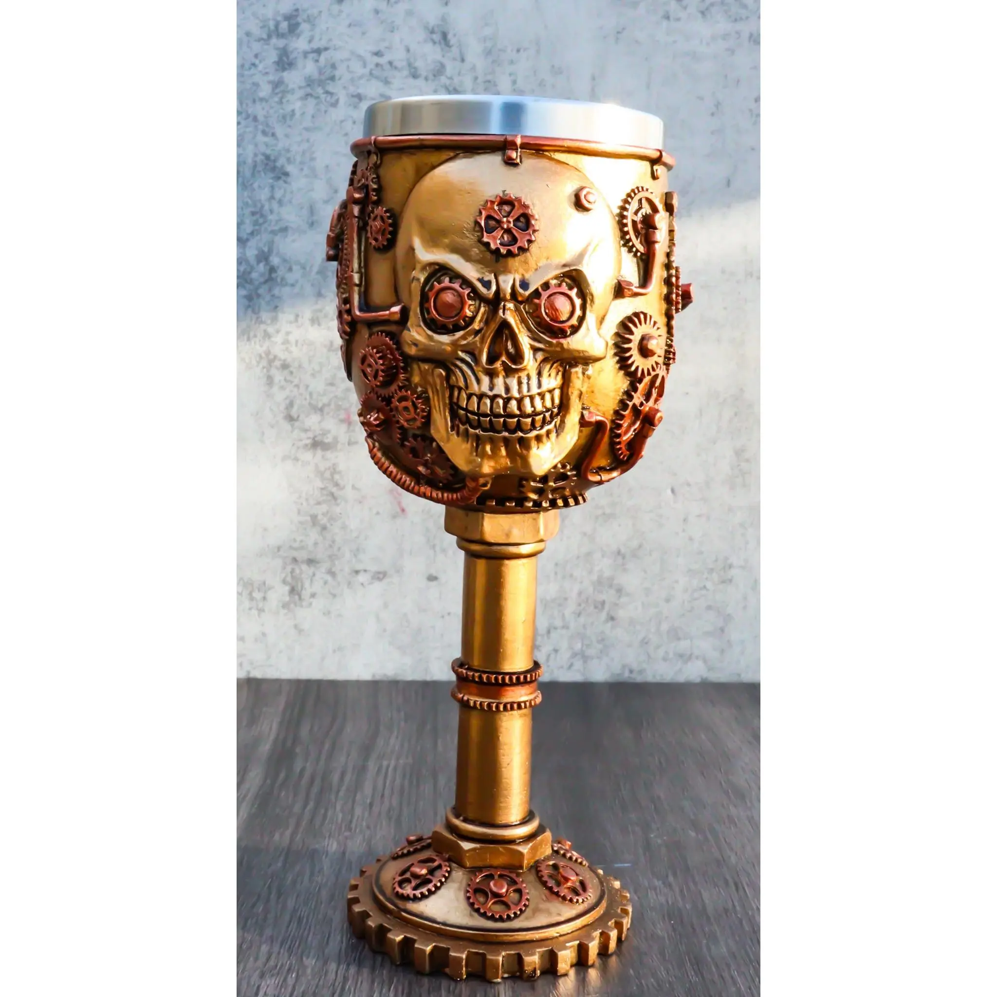 Polyresin Golden Steampunk Mechanical Gearwork Skull Face Steel Goblet, Hand Painted Unique Design Drink Chalice, Kitchenware Party Centerpiece Cup
