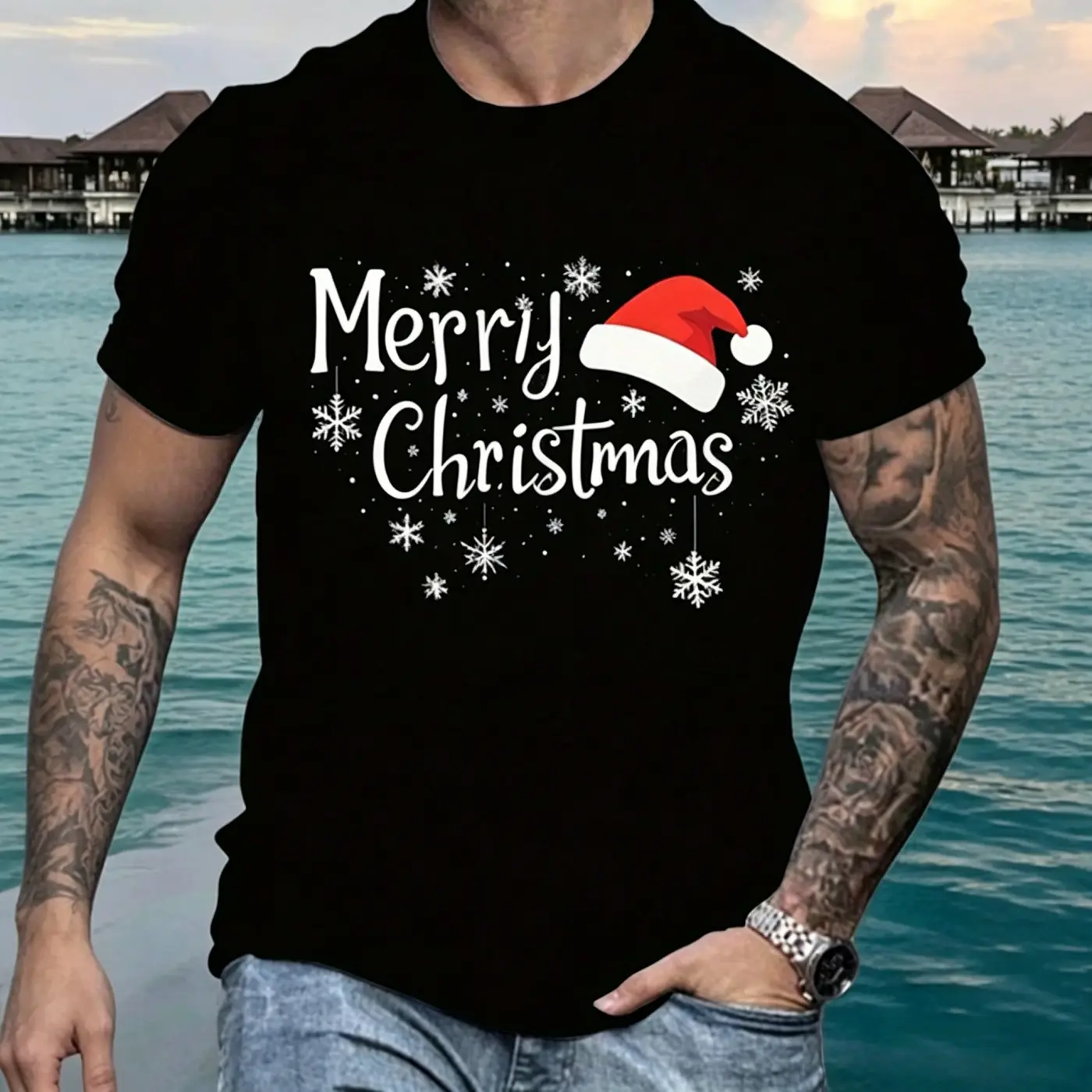 [Merry Christmas 1pc Men'S T-Shirt] Men'S Christmas T-Shirt, Casual Crew Neck Short Sleeve, Polyester Knit Fabric With Slight Stretch, Regular Fit, With Merry Christmas And Santa Hat Print, For Summer Holiday Top