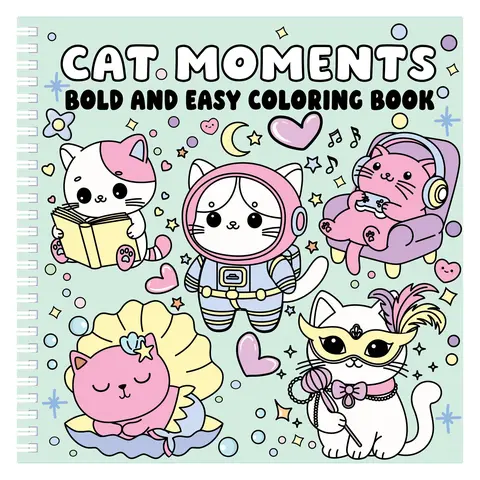 Casual Children's Literature & Art Kawaii Cat Coloring Book - Spiral Binding, Hard Cover, 216mm x 216mm, Bold Easy Cat Scenes, Skill-Building Pages, Outfit-Themed Activities, Unisex Relaxation Tool for Beginners, Encourages Creativity