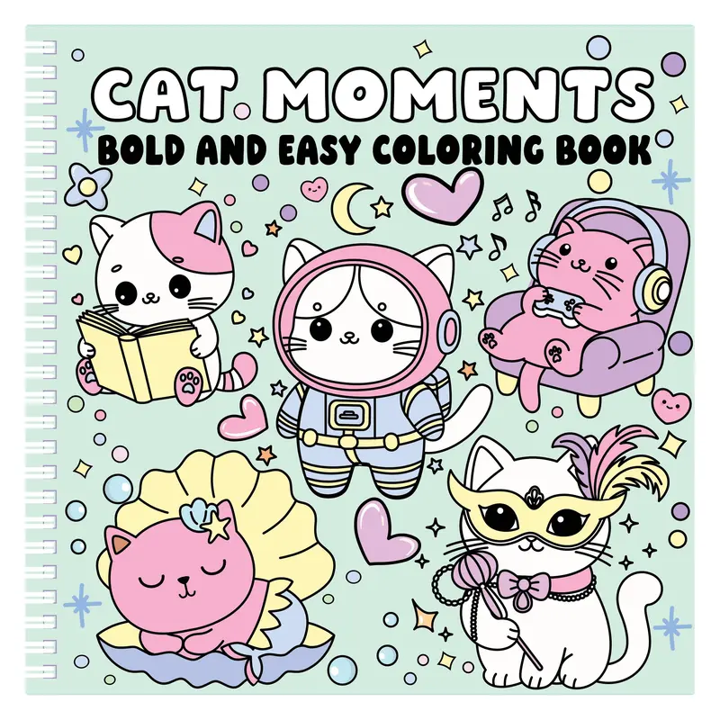 Casual Children's Literature & Art Kawaii Cat Coloring Book - Spiral Binding, Hard Cover, 216mm x 216mm, Bold Easy Cat Scenes, Skill-Building Pages, Outfit-Themed Activities, Unisex Relaxation Tool for Beginners, Encourages Creativity