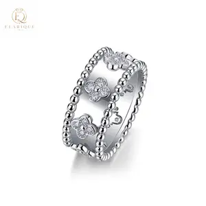 Elarique  S925 Silver Ring Fully Encrusted With Moissanite, Four-Leaf Clover Design, Double-Layered Beaded Edge, Light Luxury Fashion, Open Design, Non-Fading, Suitable For Everyday Wear