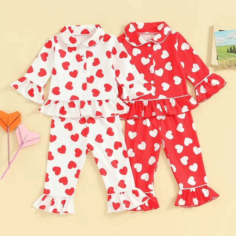 Kids Girls Valentine Pajamas Sets Heart Print Ruffled Button Long Sleeves Shirt and Elastic Flared Pants Loungewear