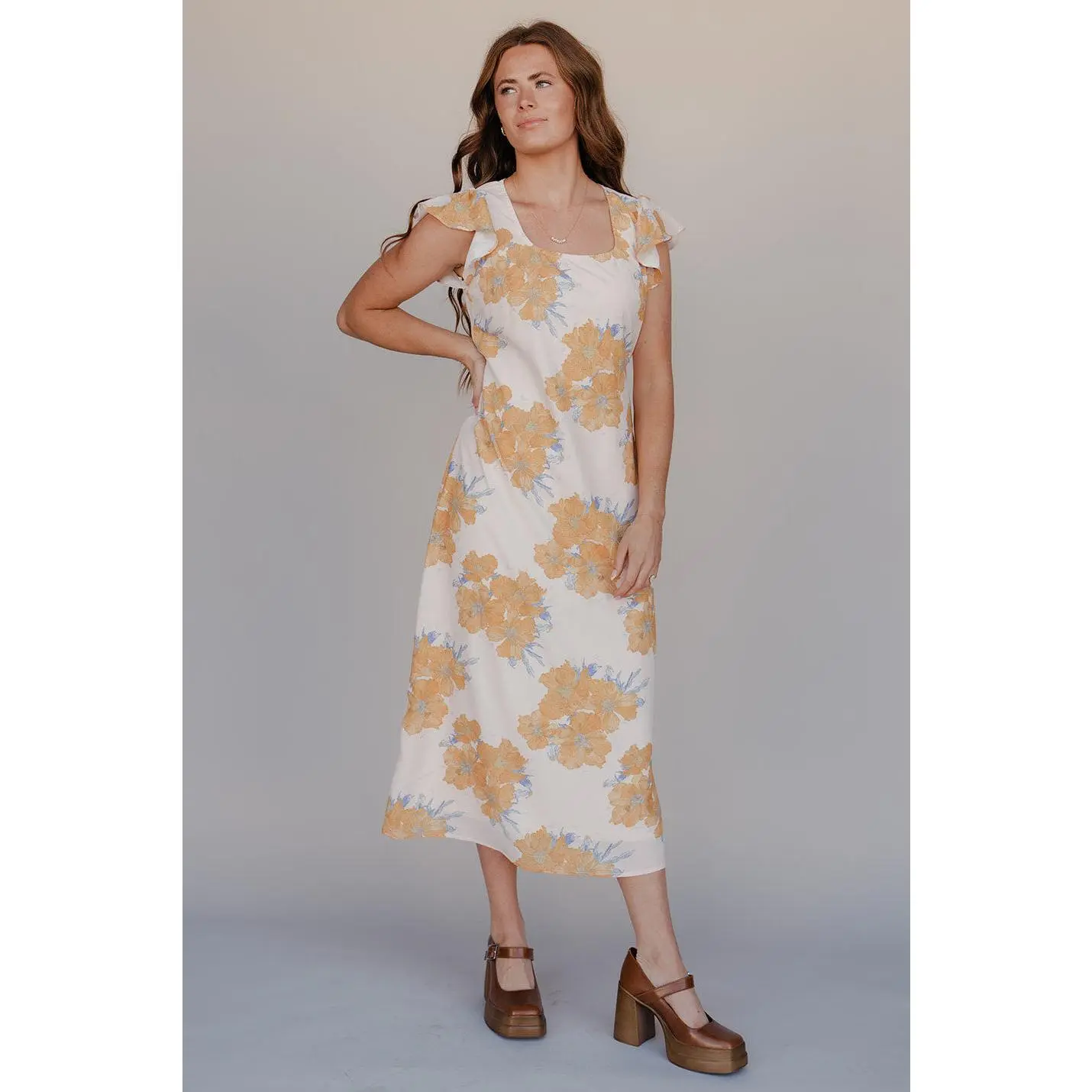 Golden Petal Flutter Sleeve Dress
