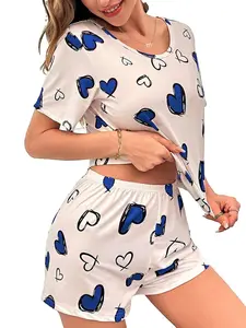 Sweet Cool Style, Blue Heart Print Set, Womenswear, Short Sleeve Top + Shorts, Casual Loose Fit, Perfect for Commuting and Shopping