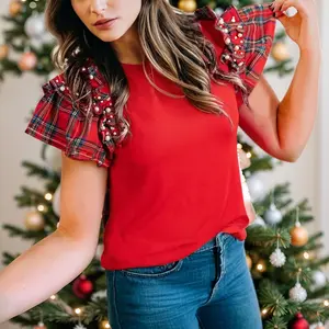 Asvivid Women's Cozy Red Plaid Top with Faux Pearl Ruffles Short Sleeve Loose T Shirt Tops,Perfect Holiday Vibe Christmas Outfit