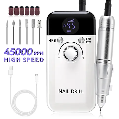 Professional Cordless E-File Nail Drill Pedicure Tool - 45000 RPM Rechargeable Manicure Tool with Digital Display, Travel-Size Drying Gel Polish Dryer, Dual Light Source, 3 Time Settings, Automatic On/Off, Removable Hands-Free Nail Tech Supplies for Home