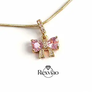 Rexviao Women’s Sweet Style Pink Bow & Zircon Necklace | Fade-Resistant Titanium Steel | Suitable for Everyday Wear and Garden Tea Parties | 18-Inch Chain