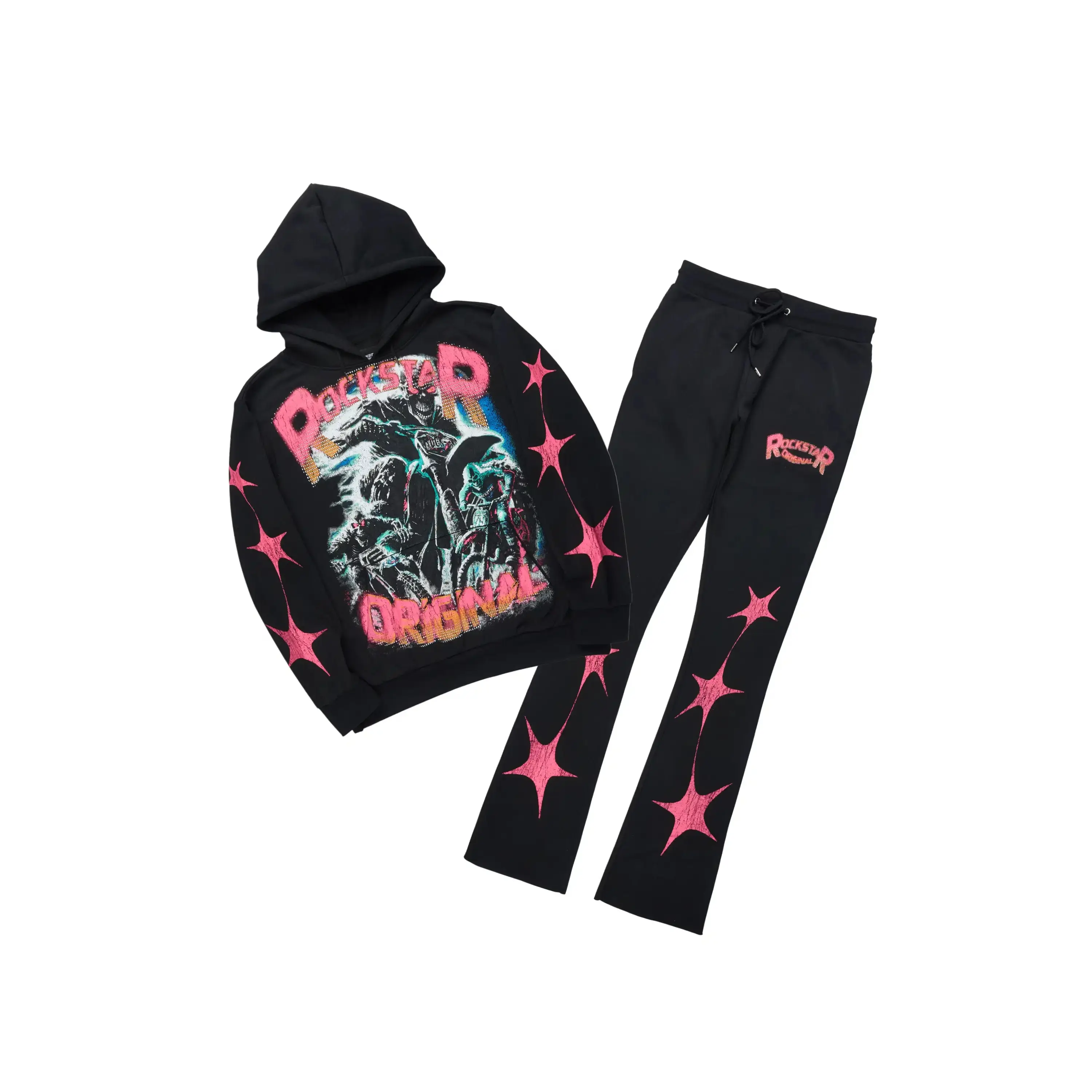 Trezno Black Hoodie/Stacked Pant Track Set Trezno Black Hoodie/Stacked Pant Track Set