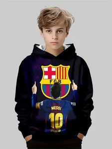 Boys Cristiano Ronaldo 3D Printed Hoodie, Casual Fitted Sweatshirt for Kids Aged 5+, Fall & Winter, Breathable and Warm