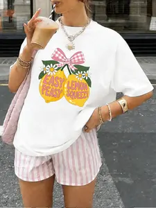 Lemon Daisy EASY LEMON PEASY Slogan Crew Neck Short Sleeve T-Shirt 2026 Spring Summer New White Casual Vacation Printed Women'S Fun Regular Fit Top, a Must-Have for Fashion Enthusiasts, Vacation Apparel, Seasonal Style, Whimsical Design