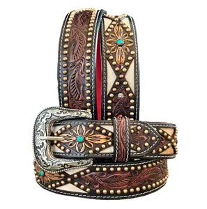 Men's Western Leather Belt Y2K Vintage Style Belt Made From Real Fur Full Grain Leather Y2K Belt Cowboy Embroidered Belt Handmade 1.5” Wide Belt with Buckle Engraved Tooled