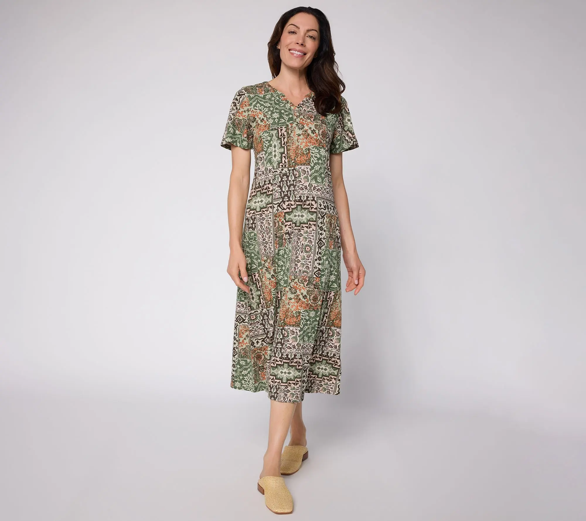 Denim & Co. Canyon Retreat Petite Printed Cotton Slub Midi Dress
