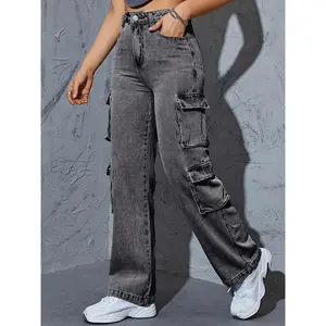 NewWomen High Waist wide leg Denim Jeans, Boyfriend Wide Leg Cargo pants, Casual Denim Baggy Pants with Pockets, Women'S Denim Jeans & Clothing Womenswear Bottom Trouser Streetwear Comfort Dark Gray Gamis