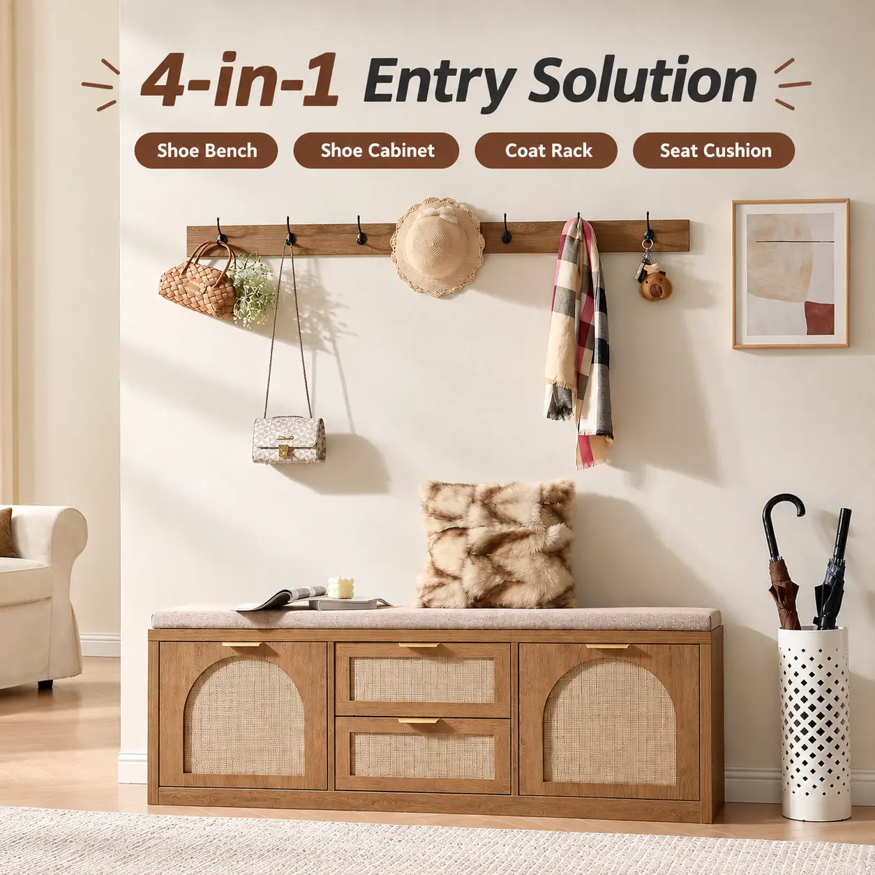 4-in-1 Entry Solution Arched Rattan Entryway Bench with Coat Rack & Seat Cushion, Shoe Cabinet with Bench, Mid-Century Modern Shoe Storage Bench for Foyer, Hallway