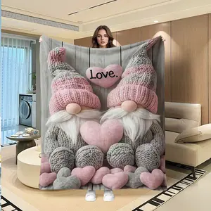 Cozy Heart Gnome Flannel Blanket, Knitted Texture, Love Design, Holiday Gift, Sofa Bed Throw, Multifunctional Outdoor Blanket, Lightweight Cozy Blanket, Heartfelt Gift Blanket