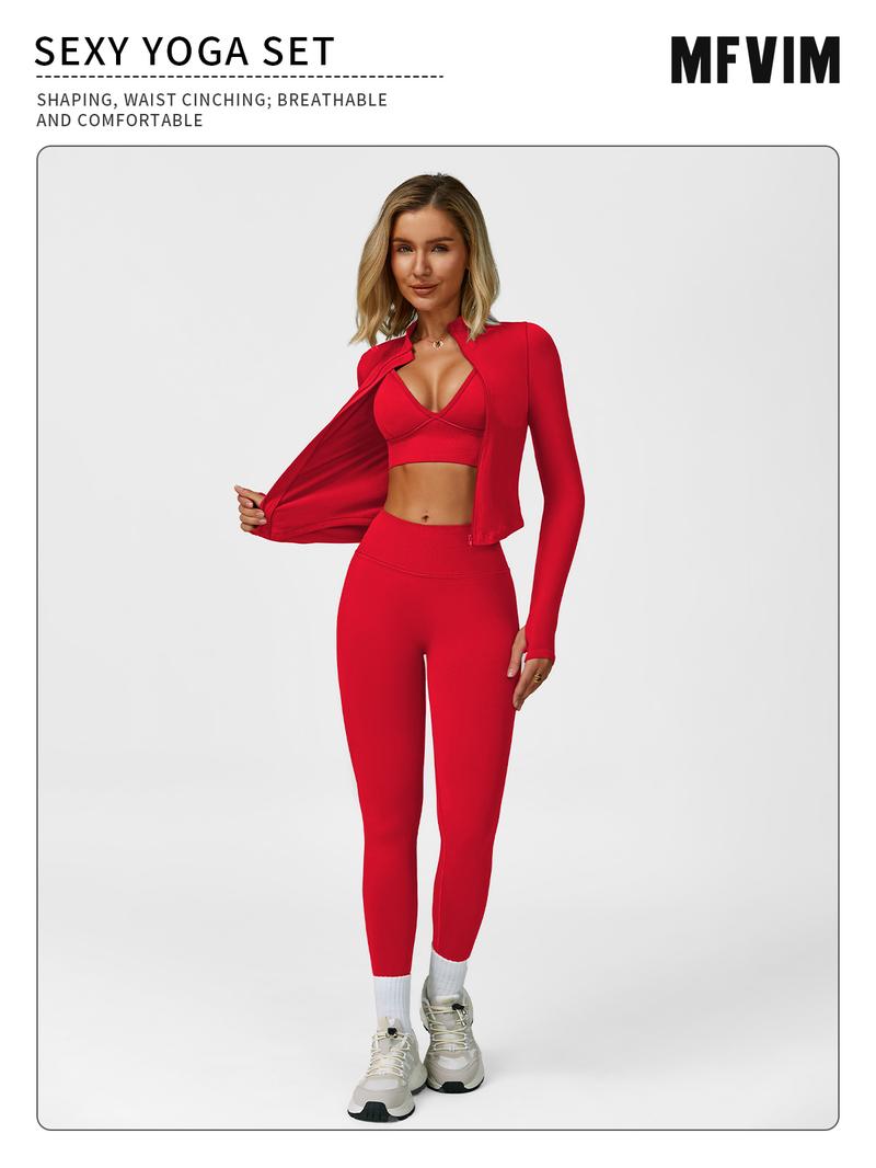 Women's Solid Criss Cross Crop Tank Top & High Waist Leggings & Zip Up Crop Jacket Tracksuit Set by MFVIM - Breathable Comfortable Outfits for Yoga, Gym, Workouts, Running, Yoga Wear, Workout Gym Clothing, Gym Sportswear, Casual Activewear