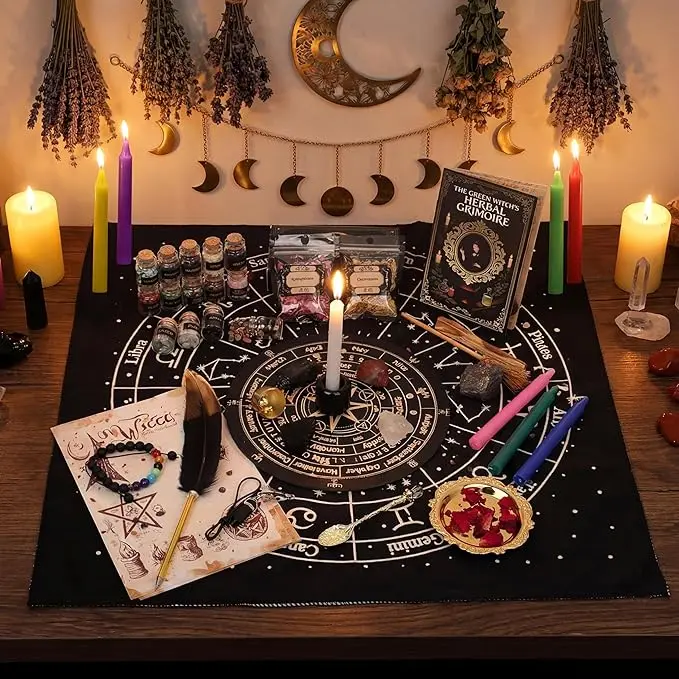 75+ PCS Witchcraft Kit for Beginners, Deluxe Wiccan Altar Starter Set with 20 Herbs, 12 Color Spell Candles, Crystals, Pendulum Board & Altar Cloth, Witchy Gift Box