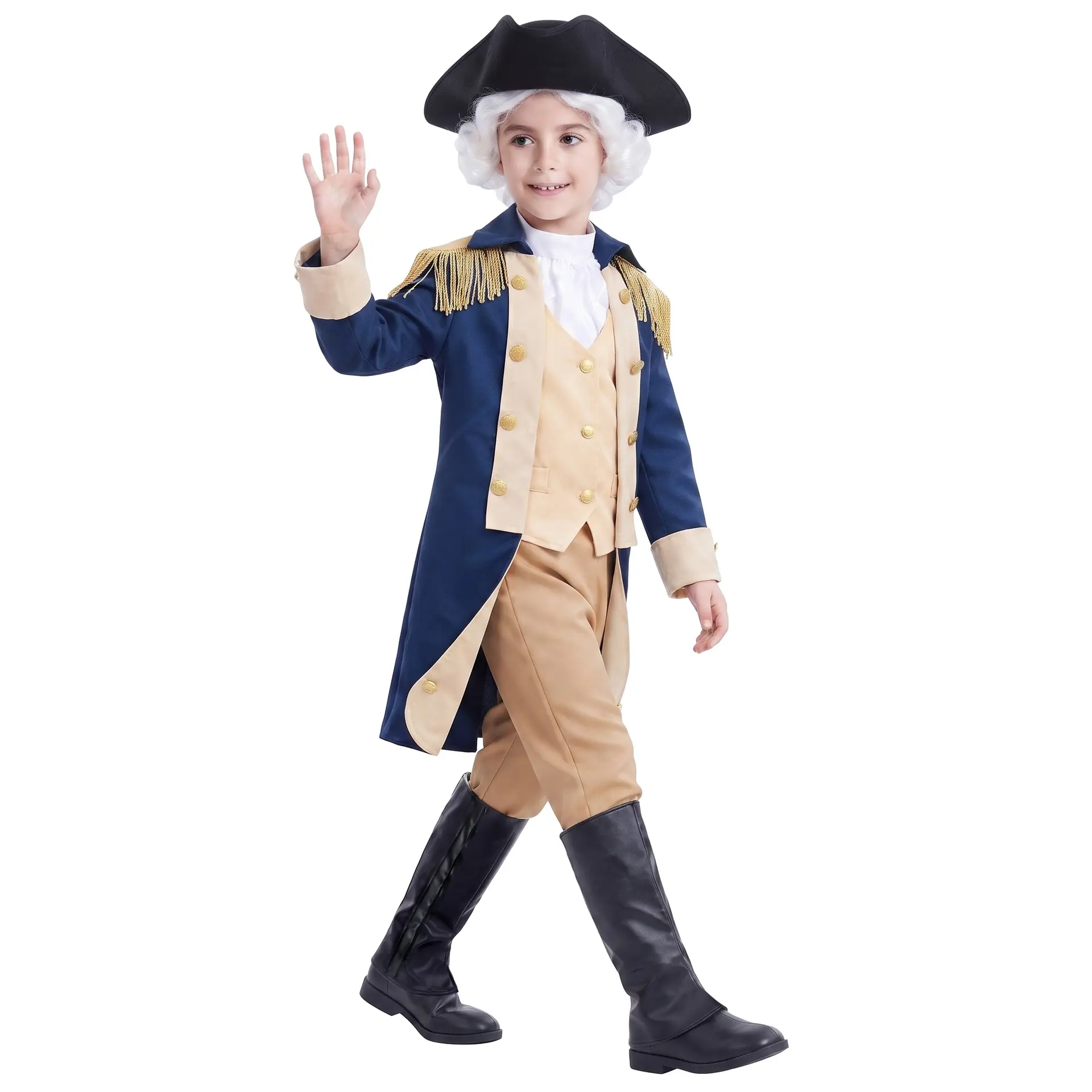 Kids George Washington Colonial Costume, Boys Revolutionary War General Uniform, 18th Century American Founding Father Historical Cosplay Outfit with Tricorn Hat for Halloween School History Day Dress Up