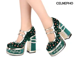 CELNEPHO Heeled Sandals for Women Summer Sandal Square Toe Chunky Platform High Heel Studded Mary Jane Pupms Gold Embroidered Design Pear Chain Adjustable Double Straps Easy Slip on Party Date Cosplay Events Wedding Dress Shoes