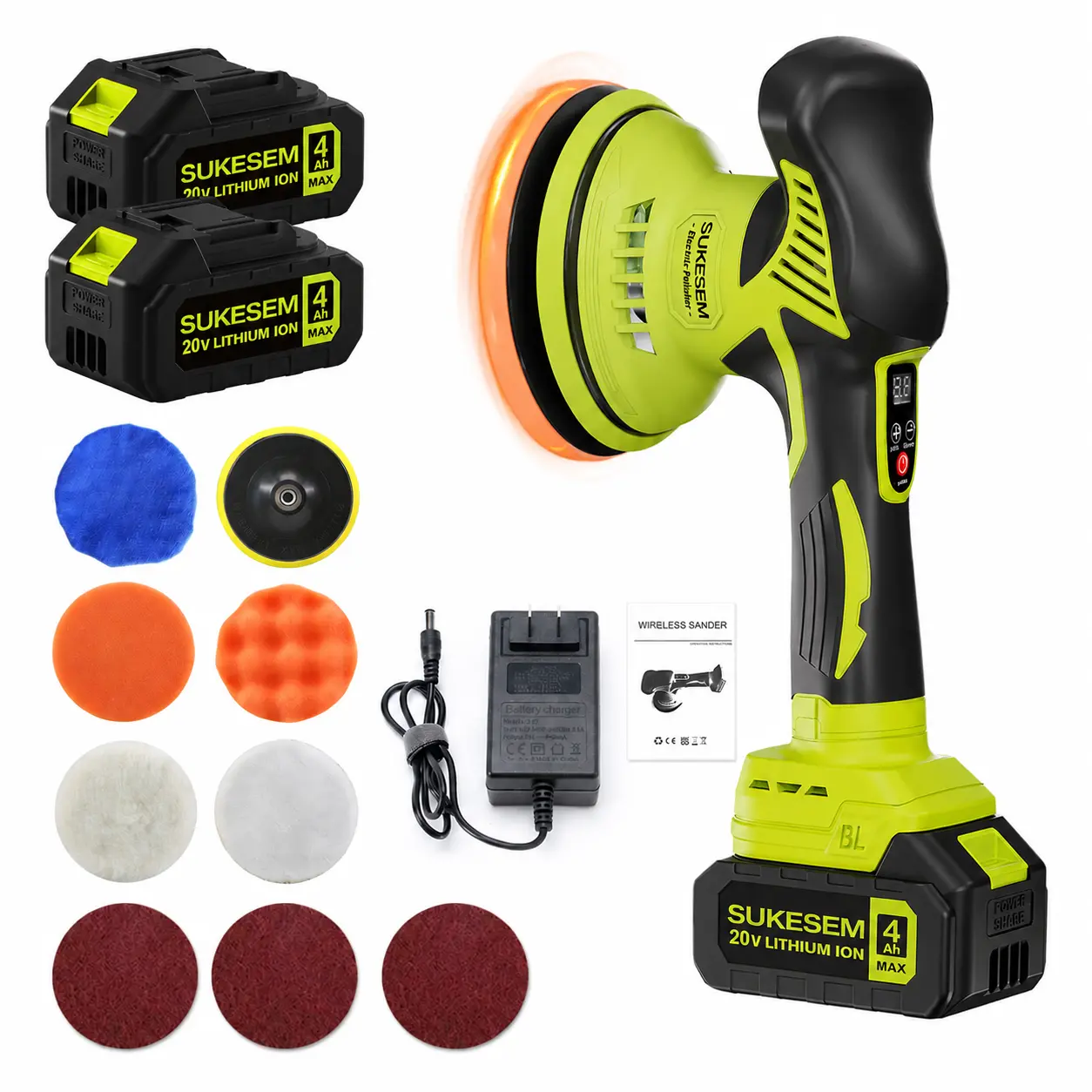 SUKESEM Cordless Car Buffer Polisher, Electric Car Waxer with 2 Batteries, Adjustable Speeds & 12Pcs Pads for Car Waxing, Polishing and Detailing