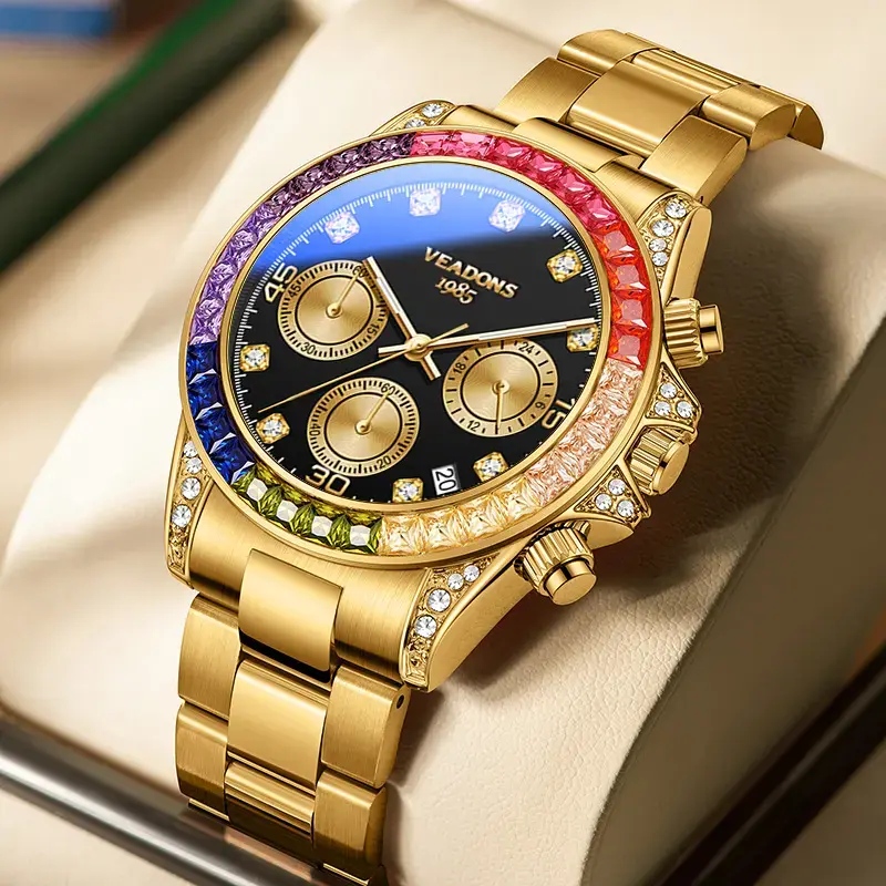 LuxTick　VEADONS Men's Business Fashion Rhinestone Decorated AnalogQuartz Watch Rainbow Crystal Chronograph Quartz Movement Luminous Date WaterResistant for Party Daily Wear Birthday Gift with Box