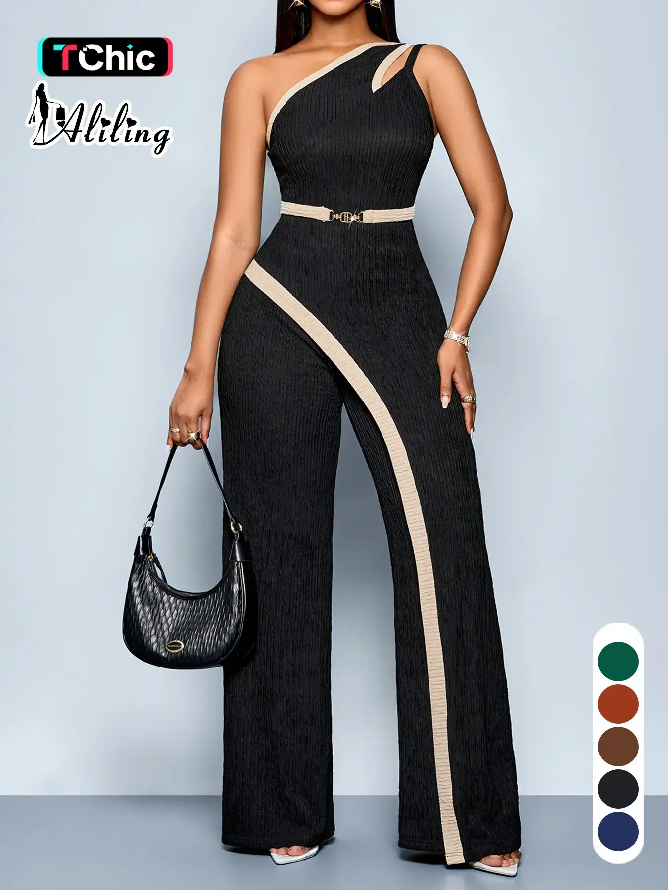 Summer Casual Elegant Women's Colorblock Patchwork Jumpsuit, Slim-Fitting High Waist Wide-Leg Jumpsuit, Sleeveless One-Piece