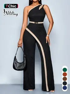Summer Casual Elegant Women's Patchwork Colorblock Jumpsuit, Slim-Fitting High Waist Wide Leg Long Pants, Sleeveless One-Piece