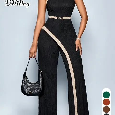 Summer Casual Elegant Women's Colorblock Patchwork Jumpsuit, Slim-Fitting High Waist Wide-Leg Jumpsuit, Sleeveless One-Piece, Garment