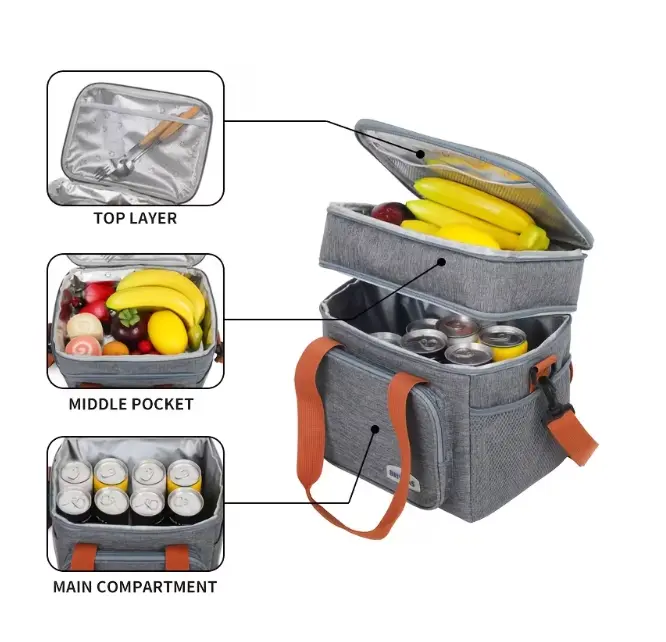 Expandable Insulated Lunch Bag with Double Layers,  Lightweight Design with an Adjustable Shoulder Strap.