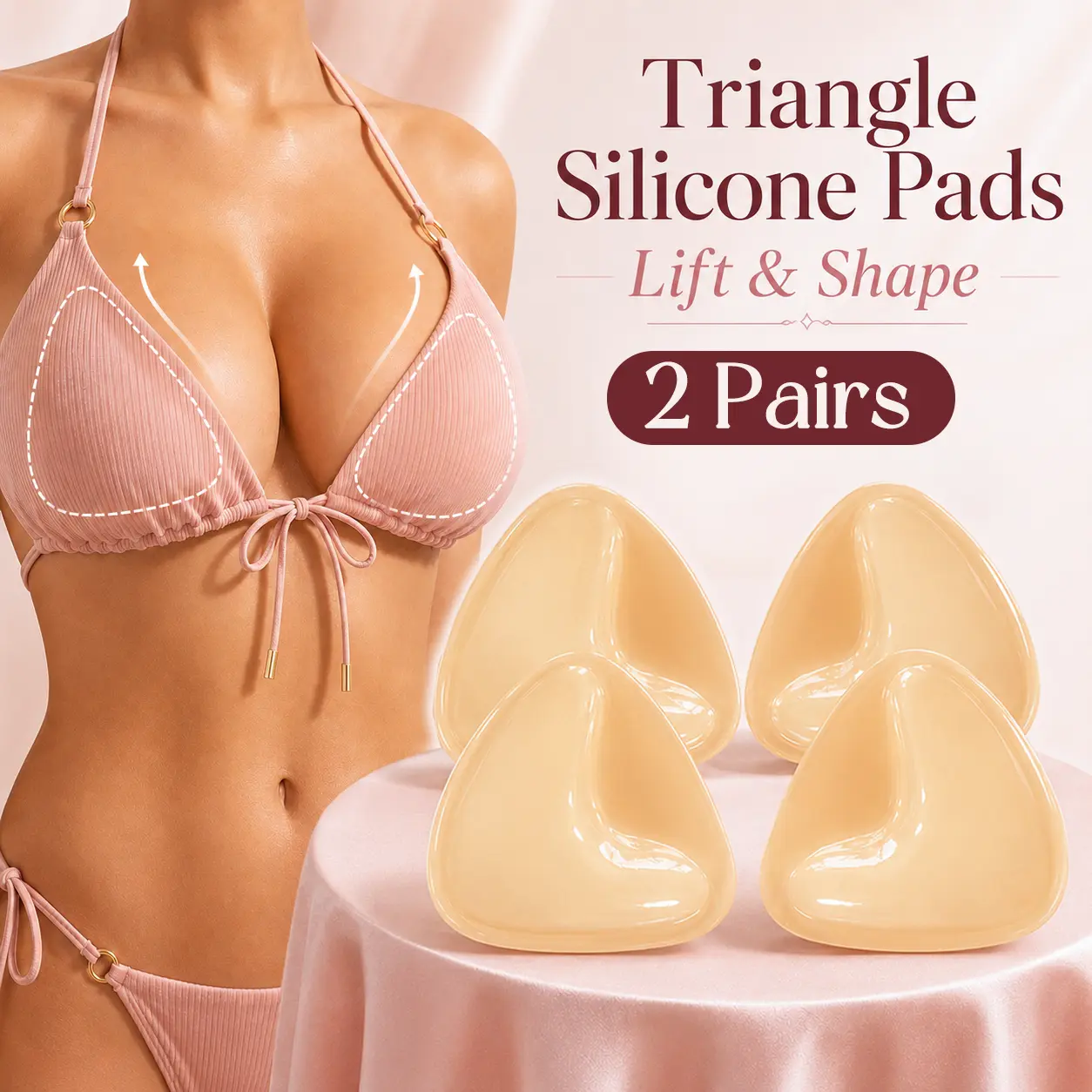 Silicone Bra Inserts for Women, 2 Pairs of Triangle Push-Up Pads with Double-Sided Adhesive, Reusable & Waterproof for an Invisible Lift - Nude, Accessories, 2 Pairs (4 Pads) - Nude, Hand Wash, Adhesive Bra, Discreet, Wireless, Everyday, Bikini, Light, Ad