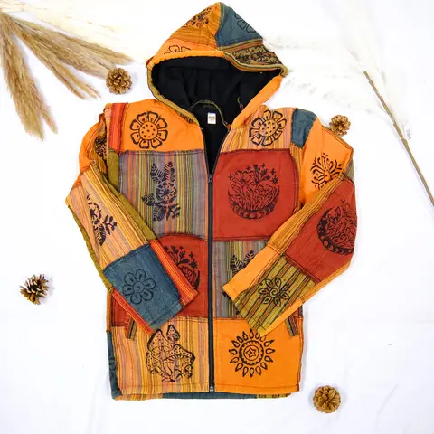 Women's Vintage Handmade Long Sleeve Fleece-Lined Cotton Patchwork Boho Hooded Coat - Plus Size Zip-Up Pullover Clothing with Pockets, Thick Winter Outerwear